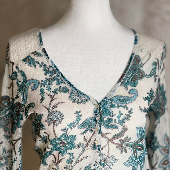 Talia Kume Green & White Paisley Mesh Sheer Henley Top Whimsygoth Grunge Size 8 - Picture 3 of 8